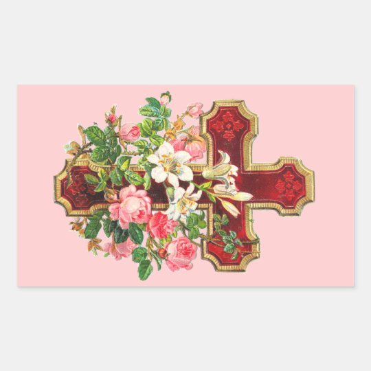 Vintage Floral Cross Rectangular Sticker