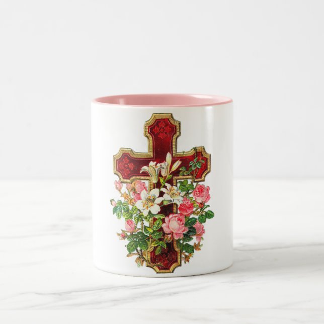 Vintage Floral Cross Two-Tone Coffee Mug (Center)