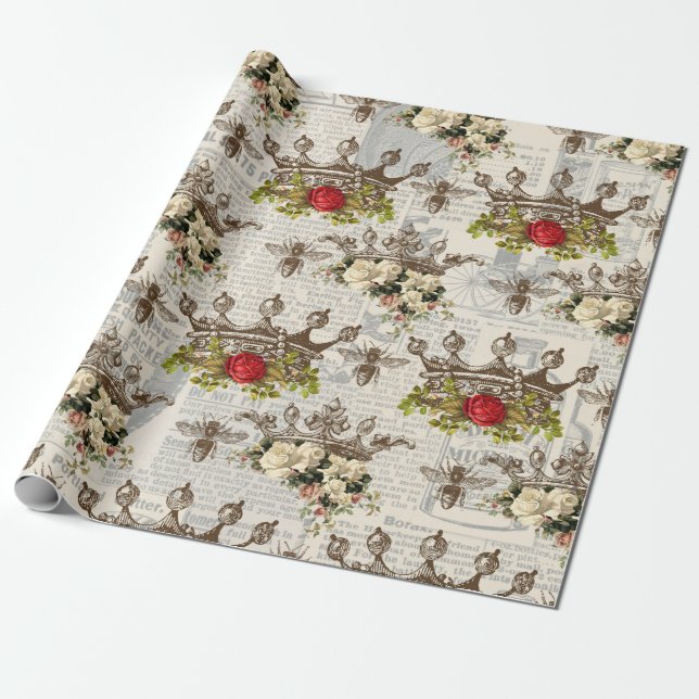 Vintage Floral Crowns with Bees Wrapping Paper (Unrolled)