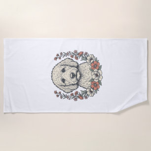 Vintage Floral Curly Dog Portrait T-Shirt Design_1 Beach Towel