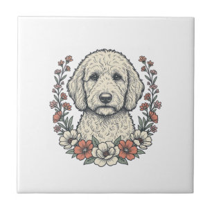 Vintage Floral Curly Dog Portrait T-Shirt Design_1 Ceramic Tile