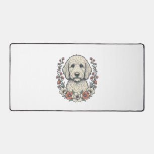 Vintage Floral Curly Dog Portrait T-Shirt Design_1 Desk Mat