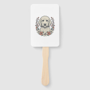Vintage Floral Curly Dog Portrait T-Shirt Design_1 Hand Fan