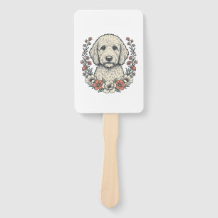 Vintage Floral Curly Dog Portrait T-Shirt Design_1 Hand Fan