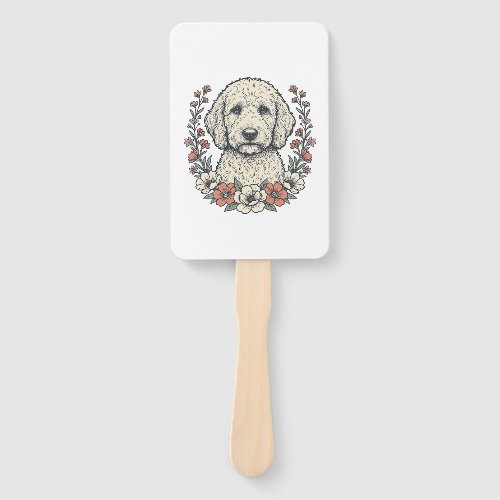 Vintage Floral Curly Dog Portrait T-Shirt Design_1 Hand Fan