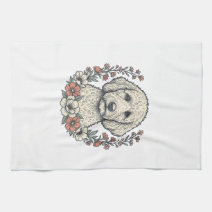 Vintage Floral Curly Dog Portrait T-Shirt Design_1 Kitchen Towel