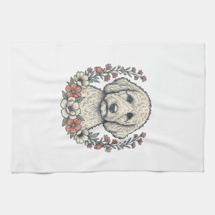 Vintage Floral Curly Dog Portrait T-Shirt Design_1 Kitchen Towel