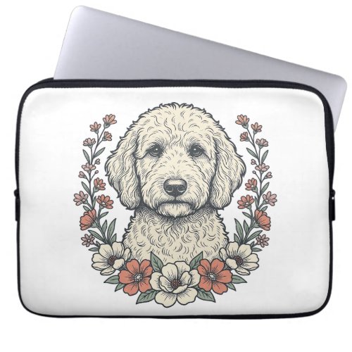 Vintage Floral Curly Dog Portrait T-Shirt Design_1 Laptop Sleeve
