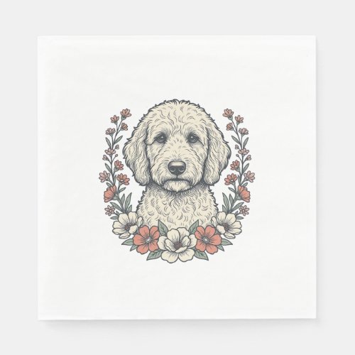 Vintage Floral Curly Dog Portrait T-Shirt Design_1 Napkins