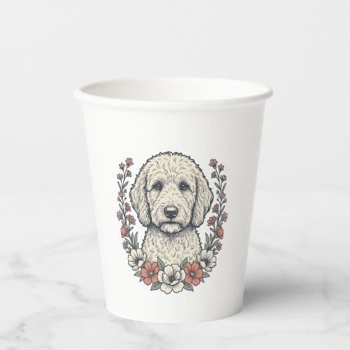 Vintage Floral Curly Dog Portrait T-Shirt Design_1 Paper Cups