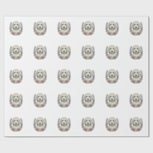 Vintage Floral Curly Dog Portrait T-Shirt Design_1 Wrapping Paper