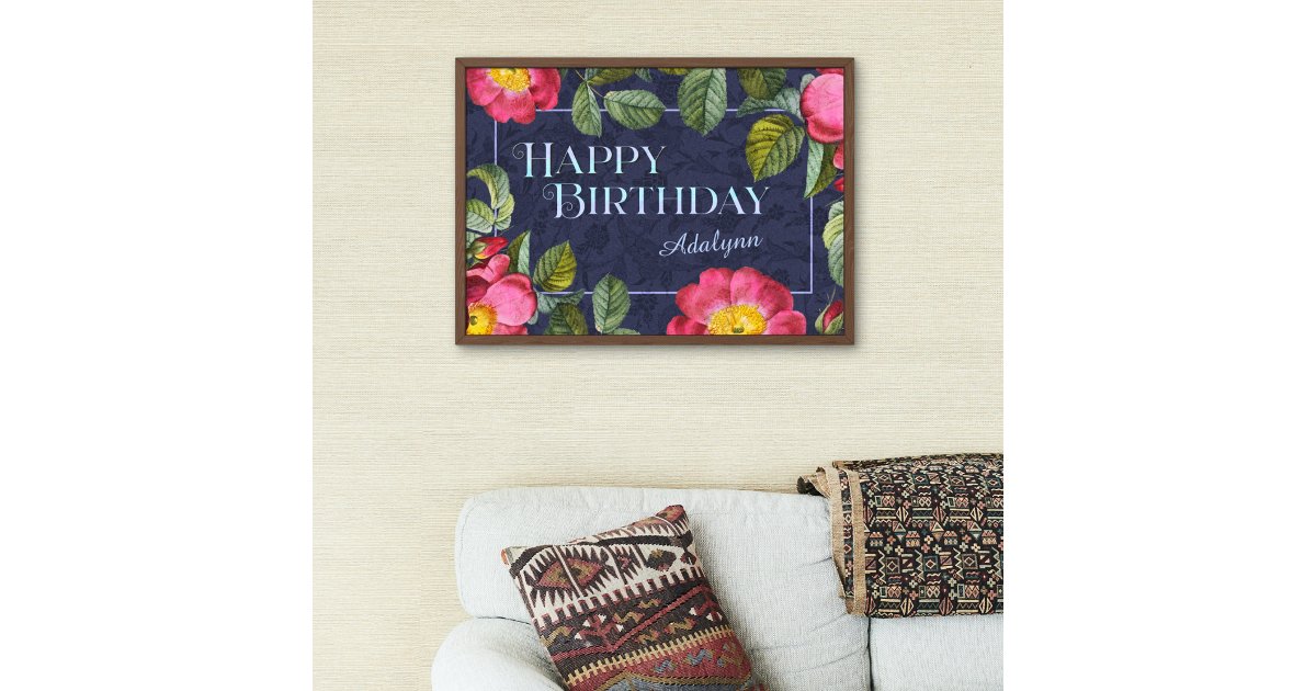 Vintage Floral Custom Name Birthday Gift Blue Poster | Zazzle