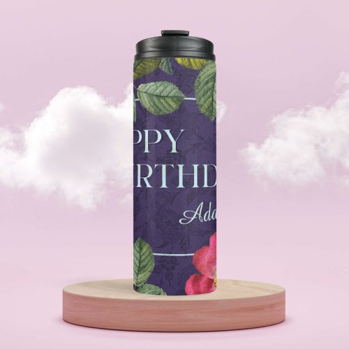 Vintage Floral Custom Name Birthday Gift Violet Thermal Tumbler