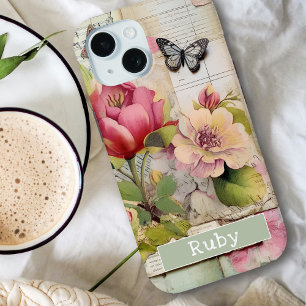 Vintage Floral Custom Name Scrapbook Collage Pink iPhone 15 Case