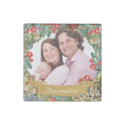 Vintage Floral Custom Photo Personalised Stone Magnet