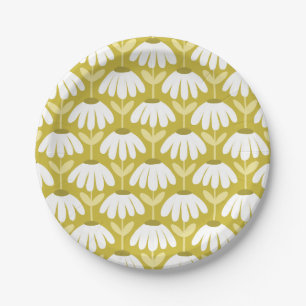 Vintage Floral Daisies Pattern Olive/Mustard Green Paper Plates