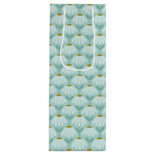 Vintage Floral Daisies Pattern Teal Blue & Olive Wine Gift Bag