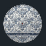 Vintage floral damask Blue toile de jouy monogram Dart Board<br><div class="desc">Elegant vintage Blue toile de jouy monogram dartboard. Beautiful seamless toile de jouy pattern Blue on white background.Toile prints are an all time rage at the moment, this is an elegant and ornate vintage toile de jouy featuring exotic damask pattern, a fun style that is currently trending for home decor,...</div>