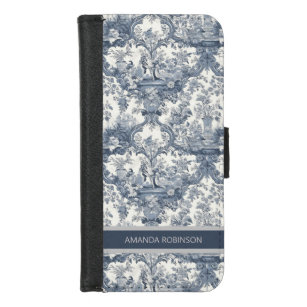 Vintage floral damask Blue toile de jouy monogram iPhone 8/7 Wallet Case