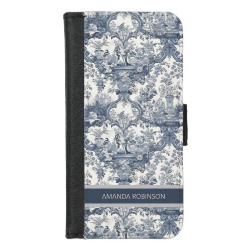 Vintage floral damask Blue toile de jouy monogram iPhone 87 Wallet Case