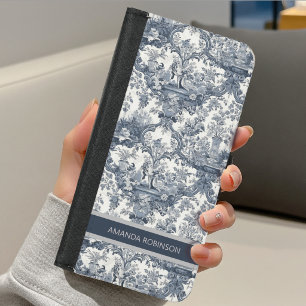 Vintage floral damask Blue toile de jouy monogram iPhone 8/7 Wallet Case