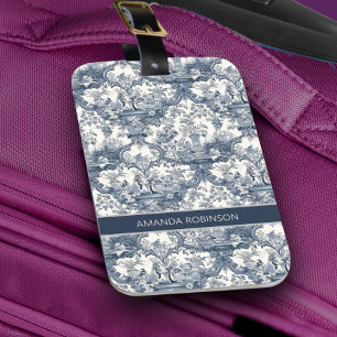 Vintage floral damask Blue toile de jouy monogram Luggage Tag