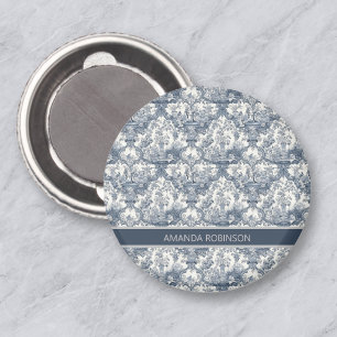 Vintage floral damask Blue toile de jouy monogram Magnet
