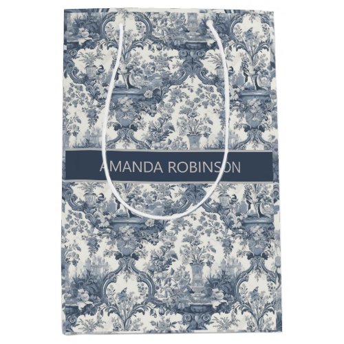 Vintage floral damask Blue toile de jouy monogram Medium Gift Bag