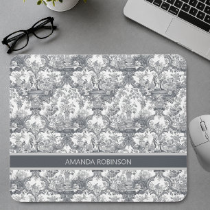 Vintage floral damask Blue toile de jouy monogram Mouse Pad