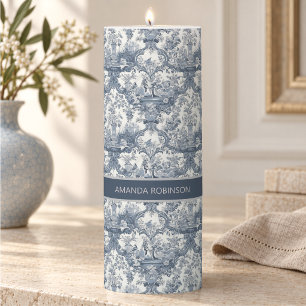 Vintage floral damask Blue toile de jouy monogram Pillar Candle