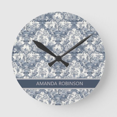 Vintage floral damask Blue toile de jouy monogram Round Clock