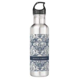 Vintage floral damask Blue toile de jouy monogram Stainless Steel Water Bottle