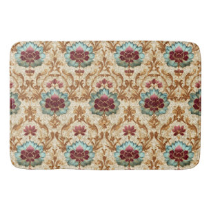 Vintage Floral Damask in Turquoise and Burgundy Bath Mat