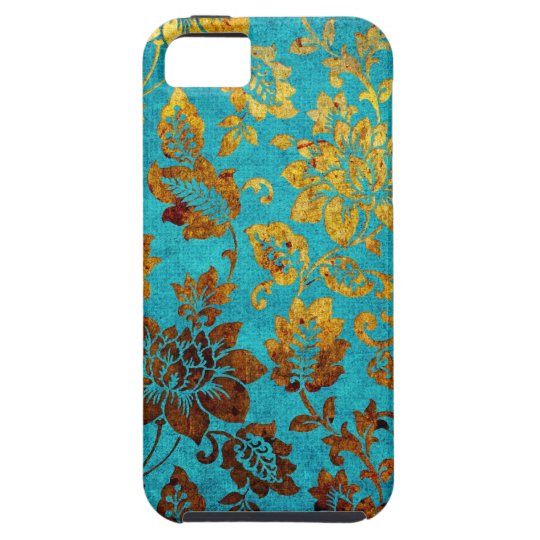 Vintage floral damask iphone case aqua blue gold Zazzle