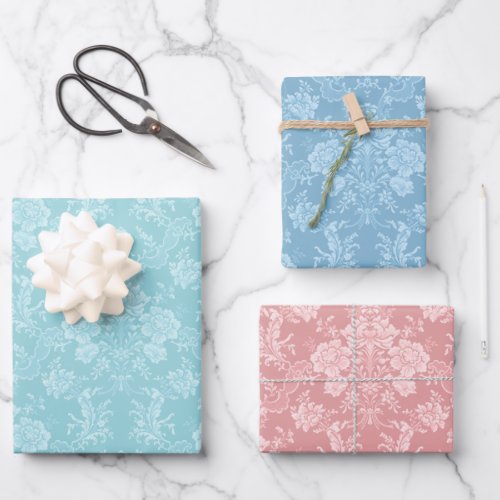 Vintage Floral Damask_Pastel Mint Pink Blue Wrapping Paper Sheets