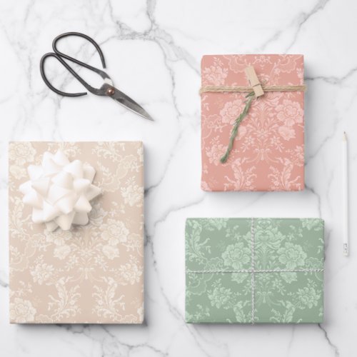 Vintage Floral Damask_Pastel Peach Green Cream Wrapping Paper Sheets