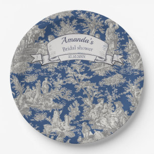 Vintage floral dark blue toile de jouy shower paper plates