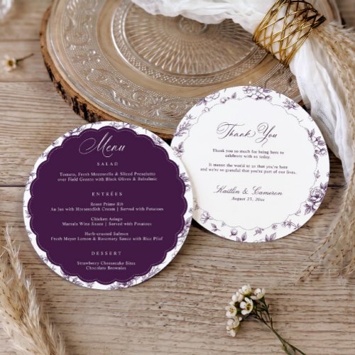 Vintage Floral Dark Purple Thank You Round Wedding Menu