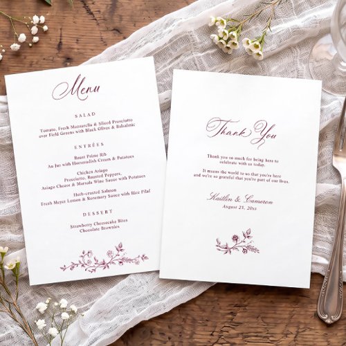 Vintage Floral Dark Wine Red Victorian Wedding Menu