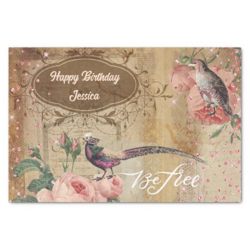 Vintage floral decoupage rose bird glitter girls tissue paper