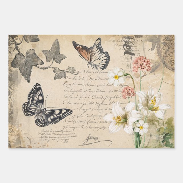 Vintage Floral Decoupage  Wrapping Paper Sheets (Front)