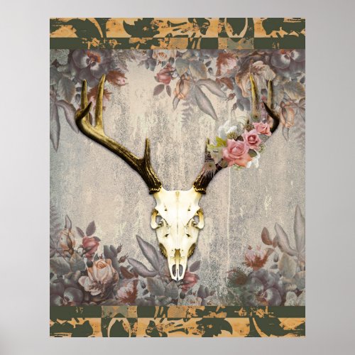 Vintage Floral Deer Skull Poster