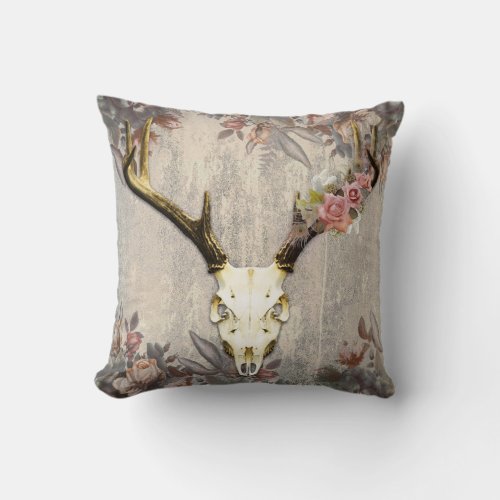 Vintage Floral Deer Skull Throw Pillow