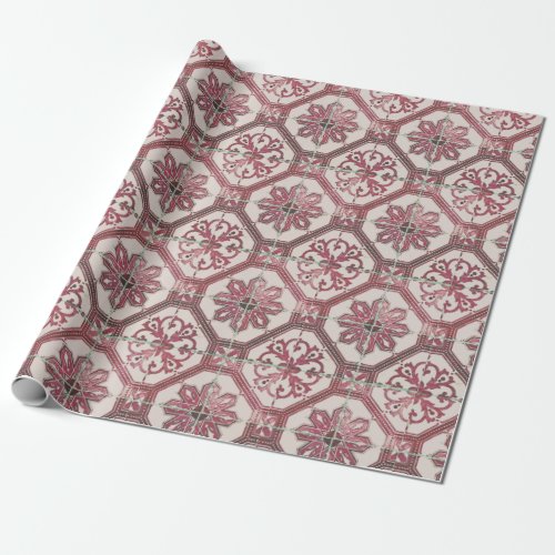 Vintage Floral Delft Pink Tile  Wrapping Paper