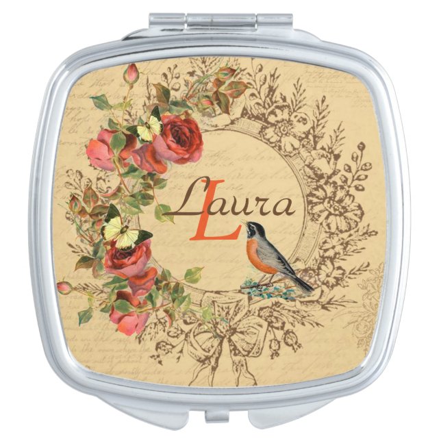 Vintage Floral Design Compact Mirror (Front)