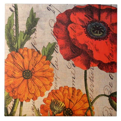 Vintage Floral Design with Red Poppy Ceramic Tile