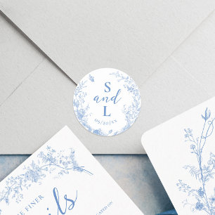 Vintage Floral Dusty Blue Elegant Wedding Favor Classic Round Sticker
