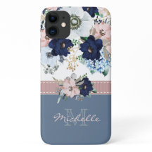 Vintage Floral Dusty Blue Pink Rose Monogram Name