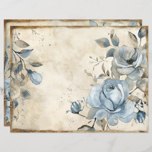 Vintage Floral Dusty Blue Roses Scrapbook Paper