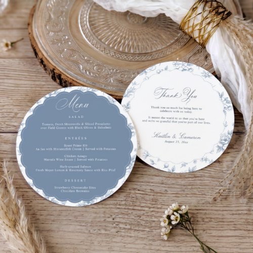 Vintage Floral Dusty Blue Thank You Round Wedding Menu